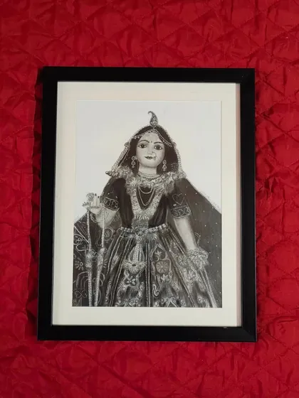 My completed Radha Rani sketch, framed and ready to bring a sense of devotion and beauty to a new home.