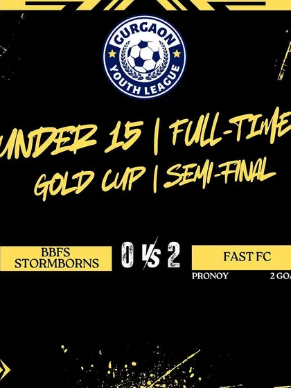 The semi-final result for our U15 team in the Gurgaon Youth League Gold Cup, securing our spot in the final with a 2-0 win.