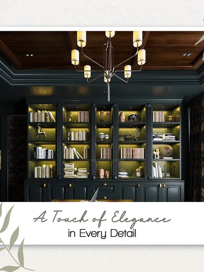 The library section of the classic British room, with built-in bookshelves featuring integrated lighting to highlight the collection.