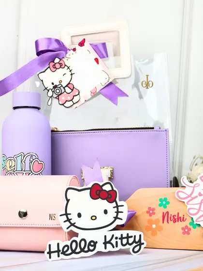 Another view of the adorable Hello Kitty hamper, showcasing all the personalized and themed items that make it a perfect gift for a younger sister.