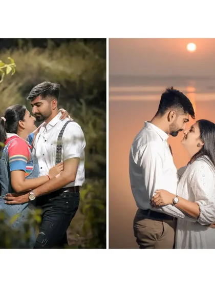 A pair of intimate pre-wedding portraits, one in a lush green setting and the other a romantic moment against a golden sunset.