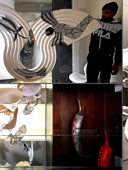 A collage showing the Gond art origami installation in various stages of creation and in its final context, alongside other prominent artworks. It illustrates the journey from a flat drawing to a magnificent sculptural form.