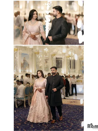 A collage showing the couple's grand entrance at their engagement party. The top image captures a candid moment, while the bottom one shows them walking hand-in-hand through the hall.
