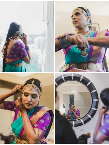 A four-part collage showing various moments of a South Indian bride getting ready, from her intricate braid to a reflection in the mirror.