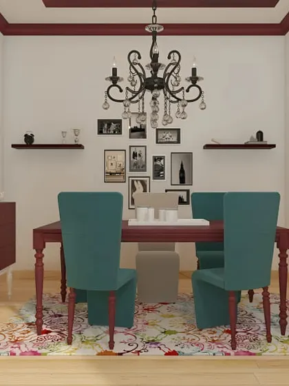 A traditional dining room with a classic chandelier and a gallery wall. The teal chairs add a touch of modern color to the otherwise classic space.