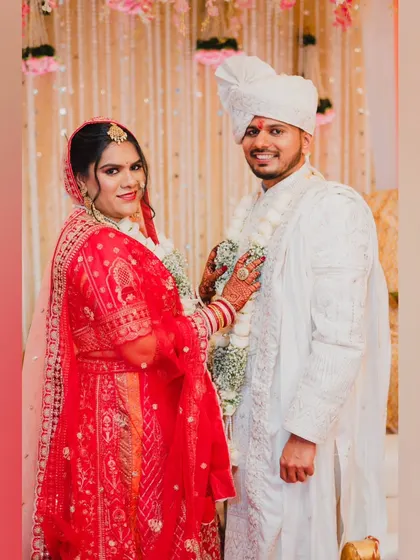 A lovely portrait of the couple after their Varmala exchange, ready for the next set of rituals.