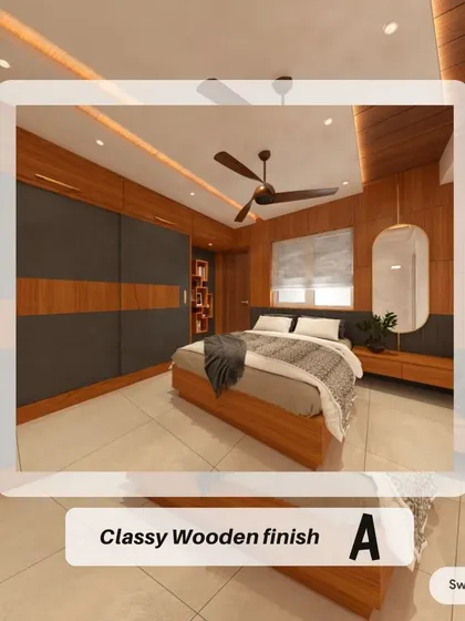 This bedroom design is fully enveloped in a warm wooden theme, from the flooring and wall panels to the sliding wardrobe and bed frame. The result is a cohesive and tranquil haven that brings the serenity of nature indoors.
