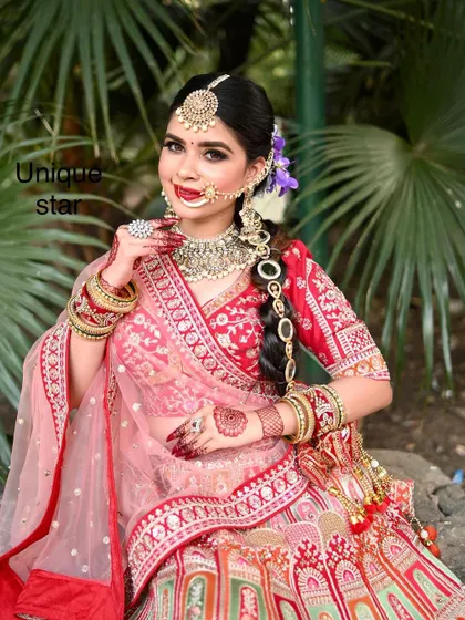 A full portrait of the bride, showcasing the vibrant colors of her lehenga and the sparkle of her complete jewellery set.