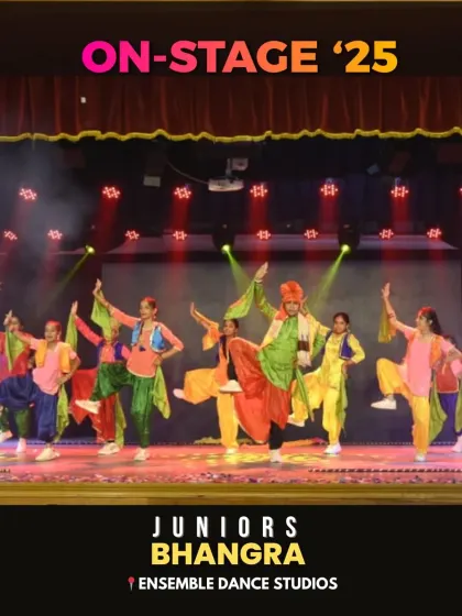 The juniors Bhangra team showcasing their powerful moves. We teach the authentic steps and energetic spirit of this traditional Punjabi dance.