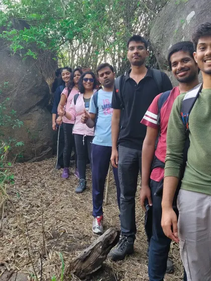 A happy team making their way through the forest path at Bananthimari.