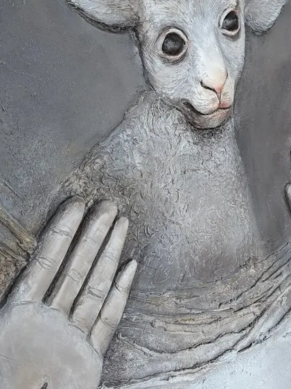 A close-up of my textured mural, 'The Lost Sheep'. You can see the depth and detail I create with modeling paste before painting. This technique allows me to craft art that has a physical presence and tells a story through its surface.