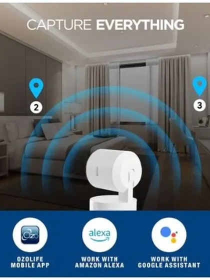 This graphic illustrates the expansive coverage of our indoor positional camera. It can monitor multiple points in a room and works with Amazon Alexa and Google Assistant for voice-activated control, making it a central part of your smart home security.