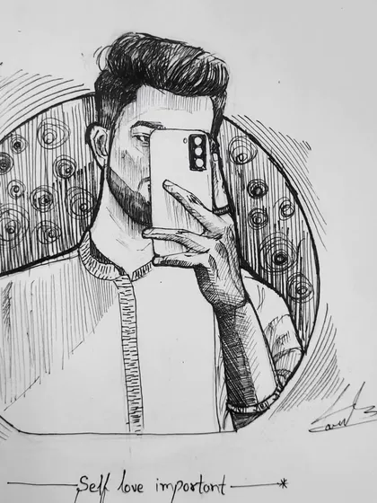 A quick ink self portrait in my sketchbook. Sometimes the best way to practice is to just draw what you see, even if it's your own reflection in a phone.