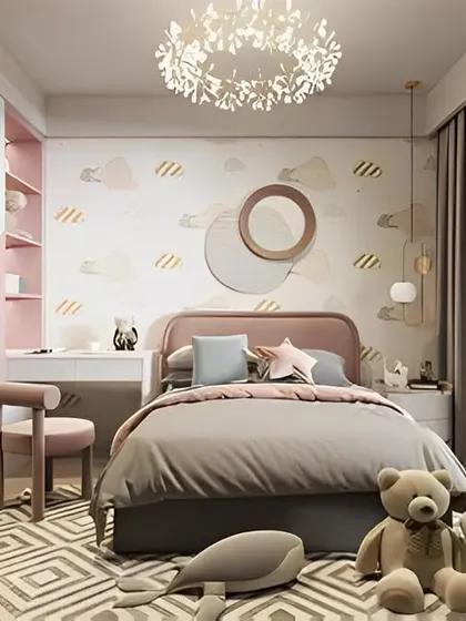 A soft and dreamy girl's bedroom with a pink and grey color palette. The room features a cozy bed, a small vanity desk, and cute decor like teddy bears and a whale pillow.