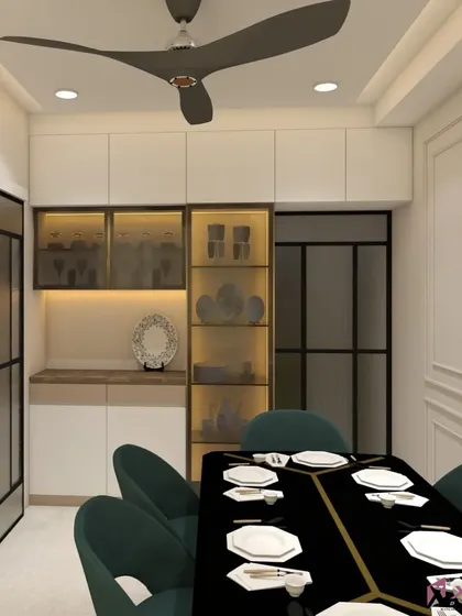 This 3D render details the dining and crockery unit. Notice the glass-front cabinets with internal lighting to display dinnerware, and the seamless integration with the rest of the living space.