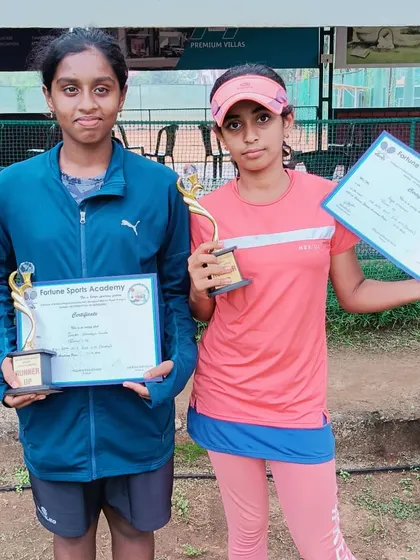 The winner and runner-up of the Girls U14 Doubles event at the AITA CS7 tournament. We organize both singles and doubles events to promote different skill sets and teamwork.