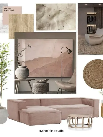 A mood board for a soft and contemporary living space. The dusty rose sofa is the centerpiece, complemented by natural wood, woven textures, and a neutral color palette to create a room that is both chic and comfortable.