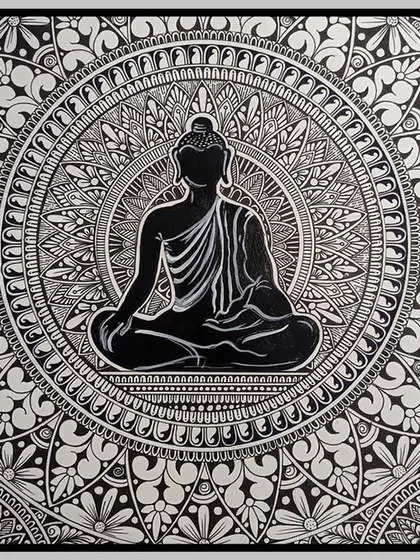 A serene Buddha silhouette set against a detailed mandala background. This piece combines spiritual iconography with the meditative art of mandala.