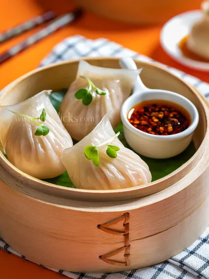 Close-up of prawn hargow dumplings, showing their delicate, pleated skin.