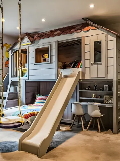 We bring imagination to life with this custom-built treehouse bunk bed. This design is more than just a place to sleep; it's a complete play area with a slide, swings, and an integrated study desk, making it the ultimate dream room for kids.