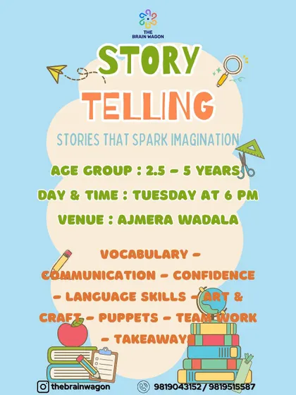This flyer details our Storytelling class for ages 2.5-5, focusing on building vocabulary, confidence, and language skills through puppets, teamwork, and crafts.