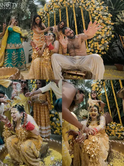 The messiest and most fun part of the Haldi, with the couple being playfully covered in turmeric paste by their loved ones.