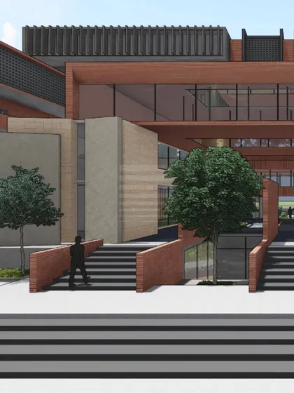 This view of the competition project emphasizes the dialogue between different materials. The textured brickwork, smooth concrete planes, and dark metal fins create a rich and tactile architectural expression.