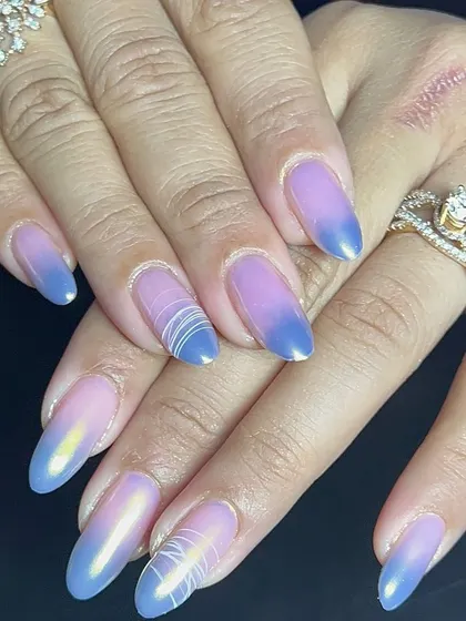 Blue bliss. This is a beautiful blue and pink ombré with a chrome finish for that extra shine.