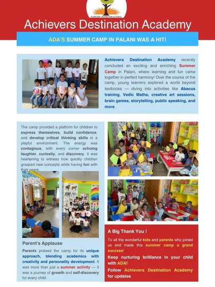 Our Palani Summer Camp was a hit! This newsletter shares highlights from the camp, including Abacus training, creative art sessions, and brain games, and thanks the parents and kids who made it a success.