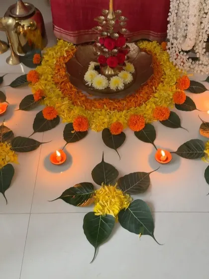 A close-up of the beautiful flower and leaf rangoli I made for Janmashtami.