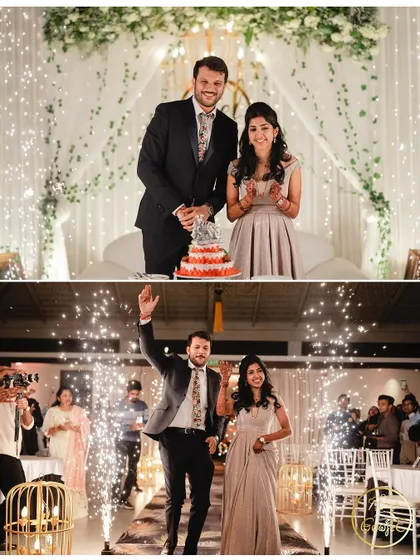 A collage showing the couple's cake-cutting moment and their grand entrance with sparklers.