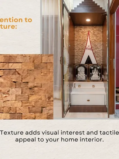 Another look at the stone-textured pooja unit, demonstrating how natural materials can add visual interest and a sense of grounding to your home's interior.