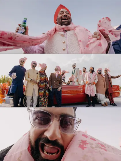 A collage capturing the fun and madness of the baraat. From dancing with friends to selfies in a vintage car, we document the high spirits of the groom's procession.
