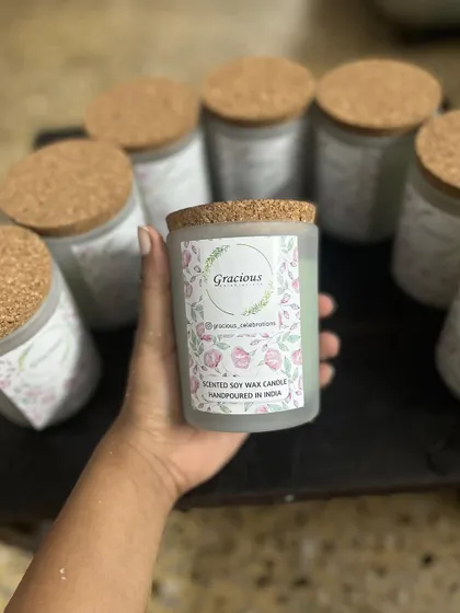 Our frosted candles with cork lids are a beautiful and sustainable option. They contain 200gm of soy wax and have a burn time of 60 hours.