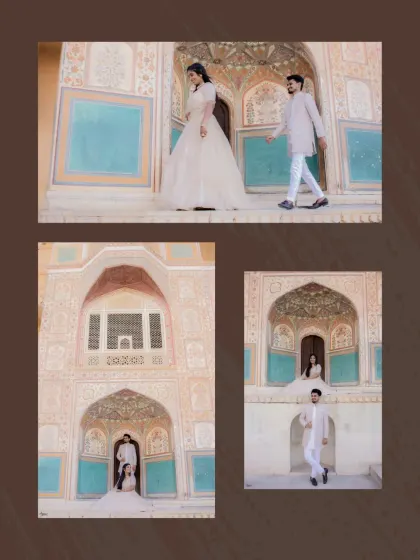 A collage showcasing Ayush and Akshitha's fairytale pre-wedding shoot in Jaipur. These frames capture their royal walk through historic corridors, creating a narrative of love set against a heritage backdrop.