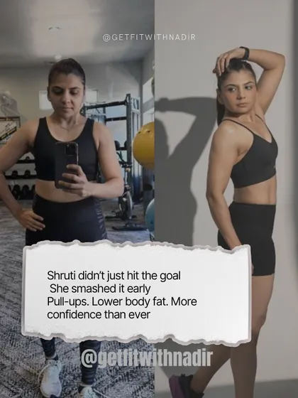 A client's before-and-after, showing how she smashed her goals of achieving pull-ups and lowering her body fat, resulting in newfound confidence.