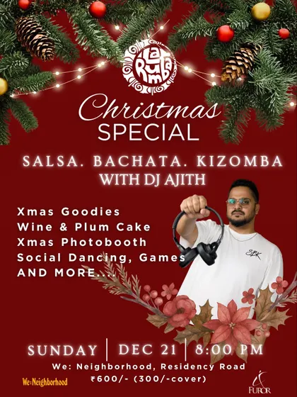 This version of our Christmas Ball poster puts the spotlight on DJ Ajith, who keeps the floor moving with the best of Salsa, Bachata, and Kizomba all night long.