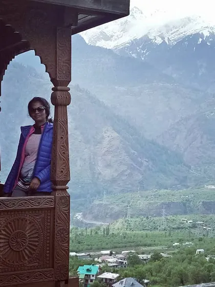 Taking in the view of the snow-capped peaks from the historic Naggar Castle in Manali. Our trips always include moments to appreciate the culture and scenery.