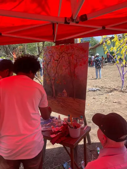 A photo of the collaborative painting in progress. Two artists working on one canvas is a fun and challenging experience.