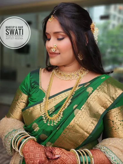 Our bride-to-be looking serene and beautiful. The traditional attire and elegant makeup create a timeless look.