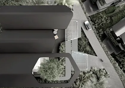 The masterplan concept for our Dona Paula project, shown as an aerial view. Inspired by the sloping site, we designed the development as a series of twisting tropical roofs that follow the natural contours of the land.