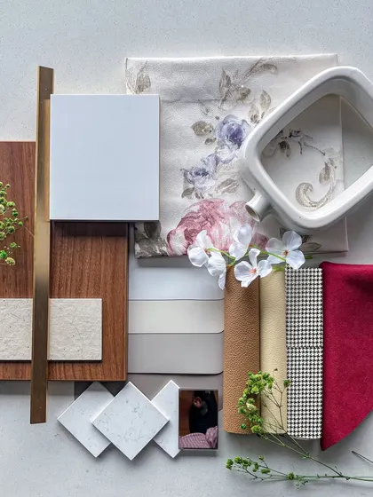 Another mood board for the 'Eleganza' series, highlighting the fabric, wallpaper, and finish selections that define the theme.