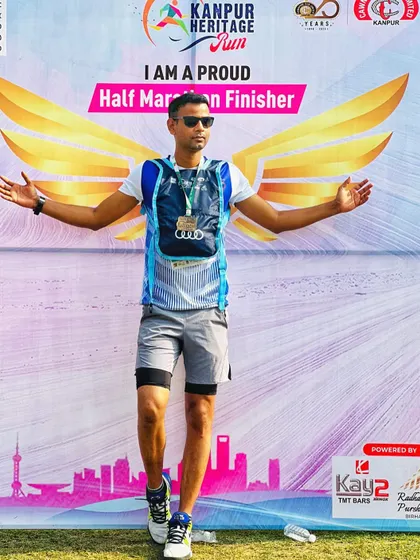 A finisher photo from the Kanpur Half Marathon. I am a proud finisher, always pushing my own boundaries to show my athletes that the pursuit of fitness never ends.