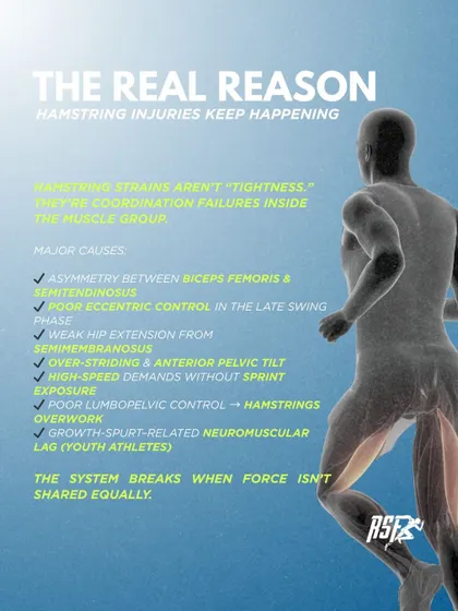 Hamstring injuries are rarely about "tightness." This infographic explains the real reason: coordination failures within the muscle group. We break down the complex causes, from asymmetry to poor eccentric control, showing our deep, science-based understanding of injury mechanics.