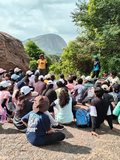 An orientation session at the start of our student rock climbing course in Ramanagara. We begin by outlining the day's activities and reinforcing key safety principles before heading to the rocks.
