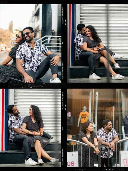 A four-panel collage in a vintage film style, showing various candid moments from the couple's urban pre-wedding shoot.