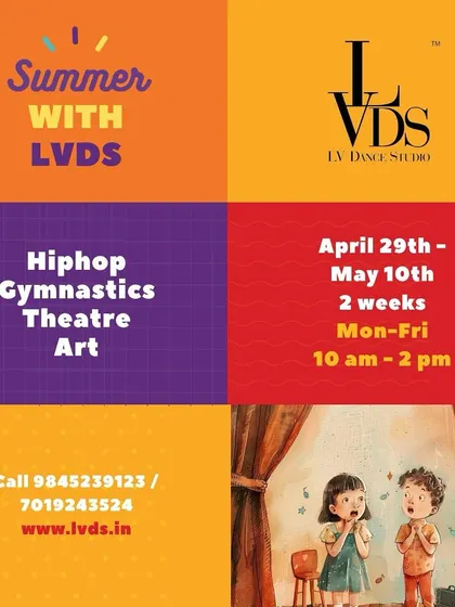This graphic provides a clear overview of our summer camp, outlining the activities: Hip-Hop, Gymnastics, Theatre, and Art. It also includes the dates, times, and contact information for easy registration.