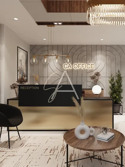 The reception for a CA Office, where we blended textures and materials. The design features a concrete-paneled wall with arching grooves, a sleek black and gold desk, and warm wood tones for a contemporary yet inviting look.