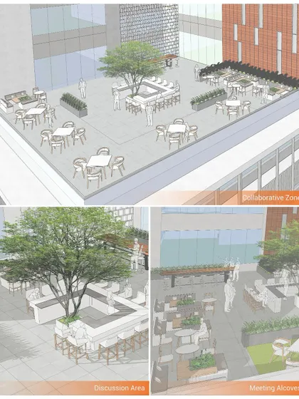 A detailed view of the collaborative zones on the Mohali office terrace. The design includes various seating arrangements, from large communal tables to smaller meeting alcoves, offering a dynamic yet tranquil space where nature can inspire work.
