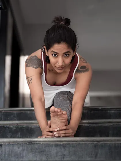 Using steps for a deep forward fold, Janu Sirsasana. Letting go doesn't mean getting rid of things; it means letting them be. When we let be with compassion, we find freedom.